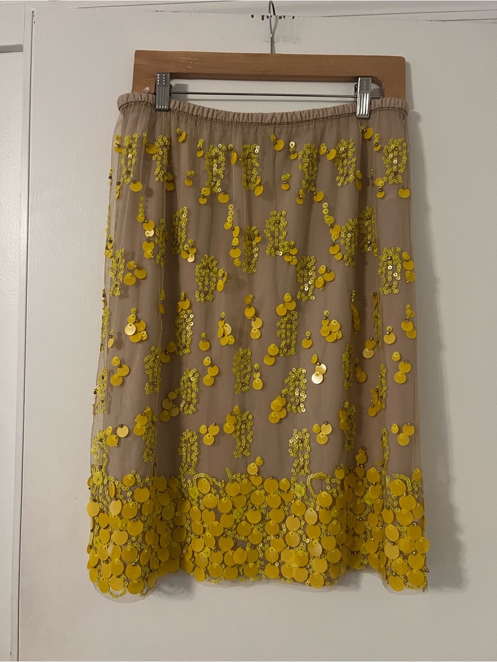 J. Crew Beige Midi Skirt with Yellow Sequins size M